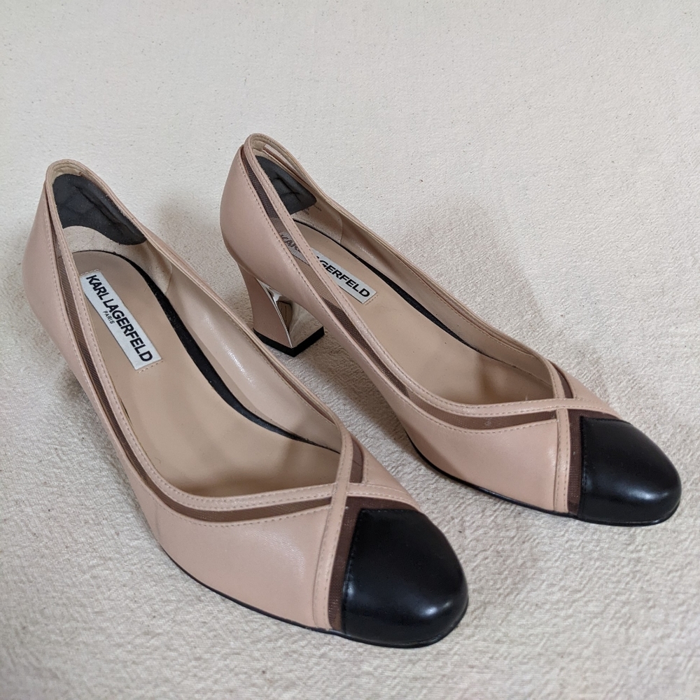 Karl Lagerfeld Sz 6.5 Pump Tan Black Colorblok Cut Out Mirror Chunky Block Heel